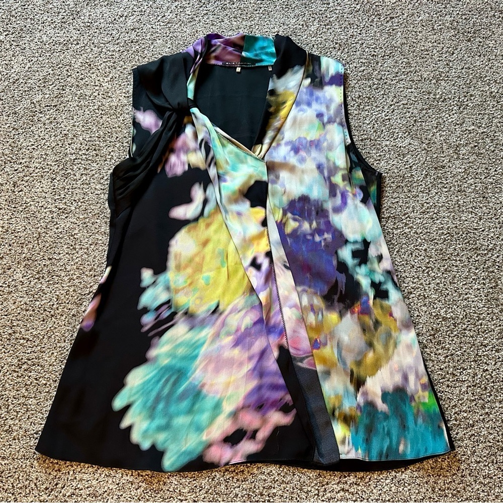 ELIE TAHARI S Blue Purple Black Silk Abstract Blouse R $295 - Picture 5 of 14